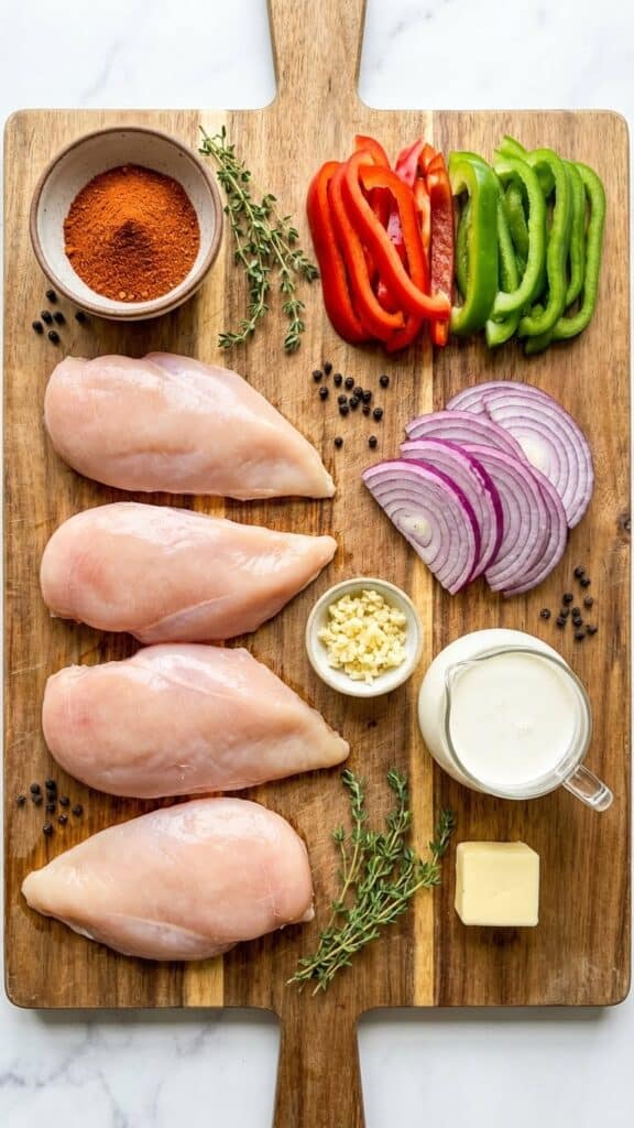 A flat lay showing raw chicken, cajun spices, sliced peppers, onions, cream, and garlic on a wooden board.