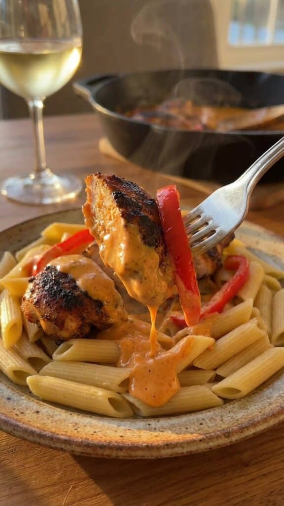 A close-up of a fork lifting creamy cajun chicken and peppers over pasta.