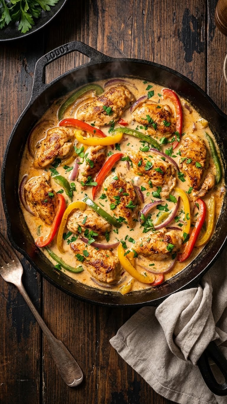 A top-down view inside a cast iron skillet filled with creamy cajun chicken and colorful bell peppers.
