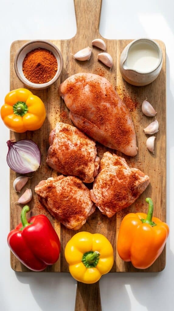 A flat lay showing raw spiced chicken, colorful bell peppers, Cajun seasoning, and cream on a wooden board.