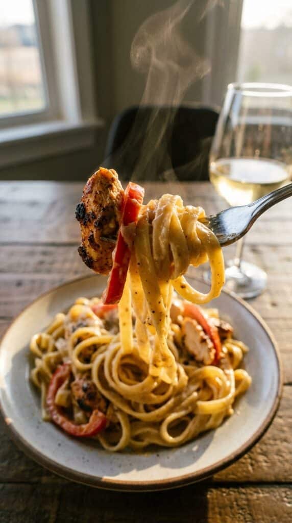 A close-up of a fork lifting creamy Cajun chicken and peppers with pasta.