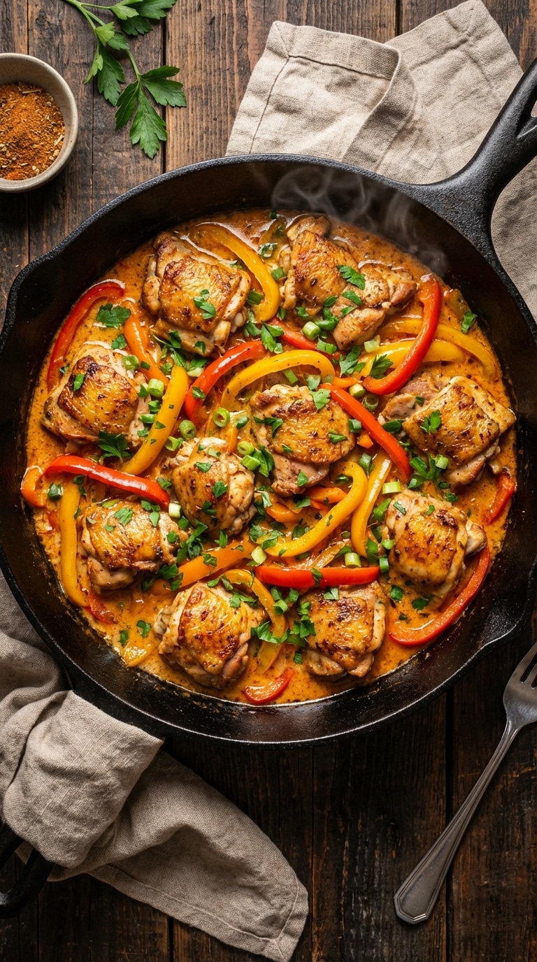 A top-down view of a skillet filled with blackened chicken, colorful peppers, and a creamy sauce.
