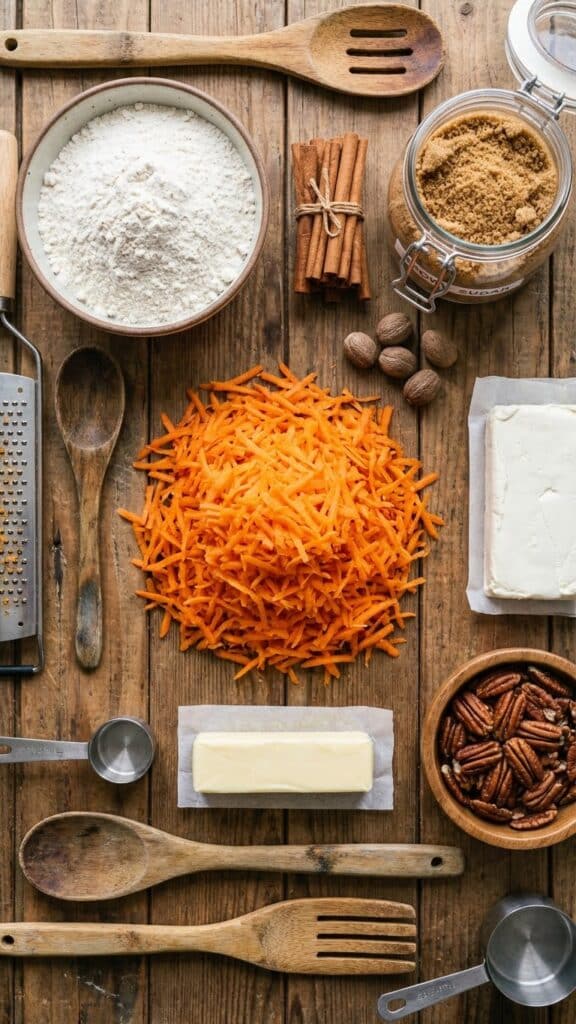A flat lay of baking ingredients including grated carrots, spices, flour, brown sugar, and cream cheese on a wooden board.