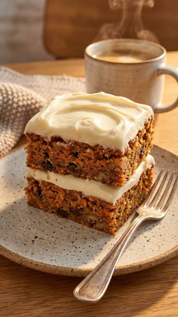 A close-up side view of a stack of carrot cake bars showing the moist texture and thick frosting.