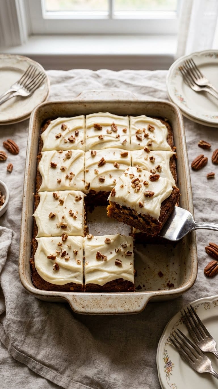 A tray of carrot cake bars with thick cream cheese frosting and pecans, with one slice being lifted out.