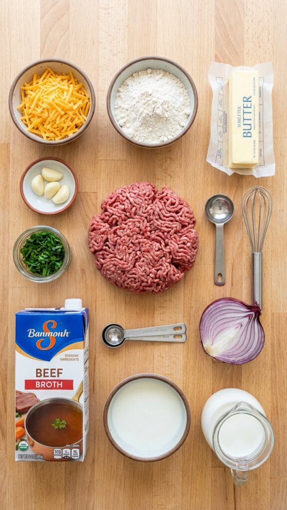 Overhead flat lay view of ingredients: ground beef, shredded cheddar, flour, butter, garlic, parsley, and beef broth.