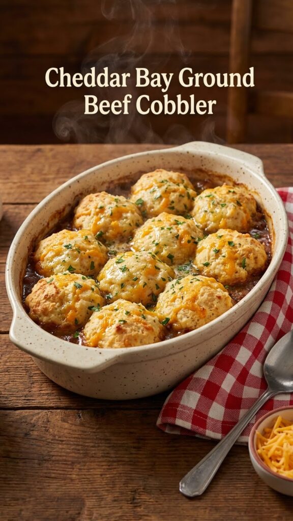 A close-up POV shot of a spoon lifting a scoop of beef cobbler, showing a fluffy garlic cheddar biscuit and saucy meat.