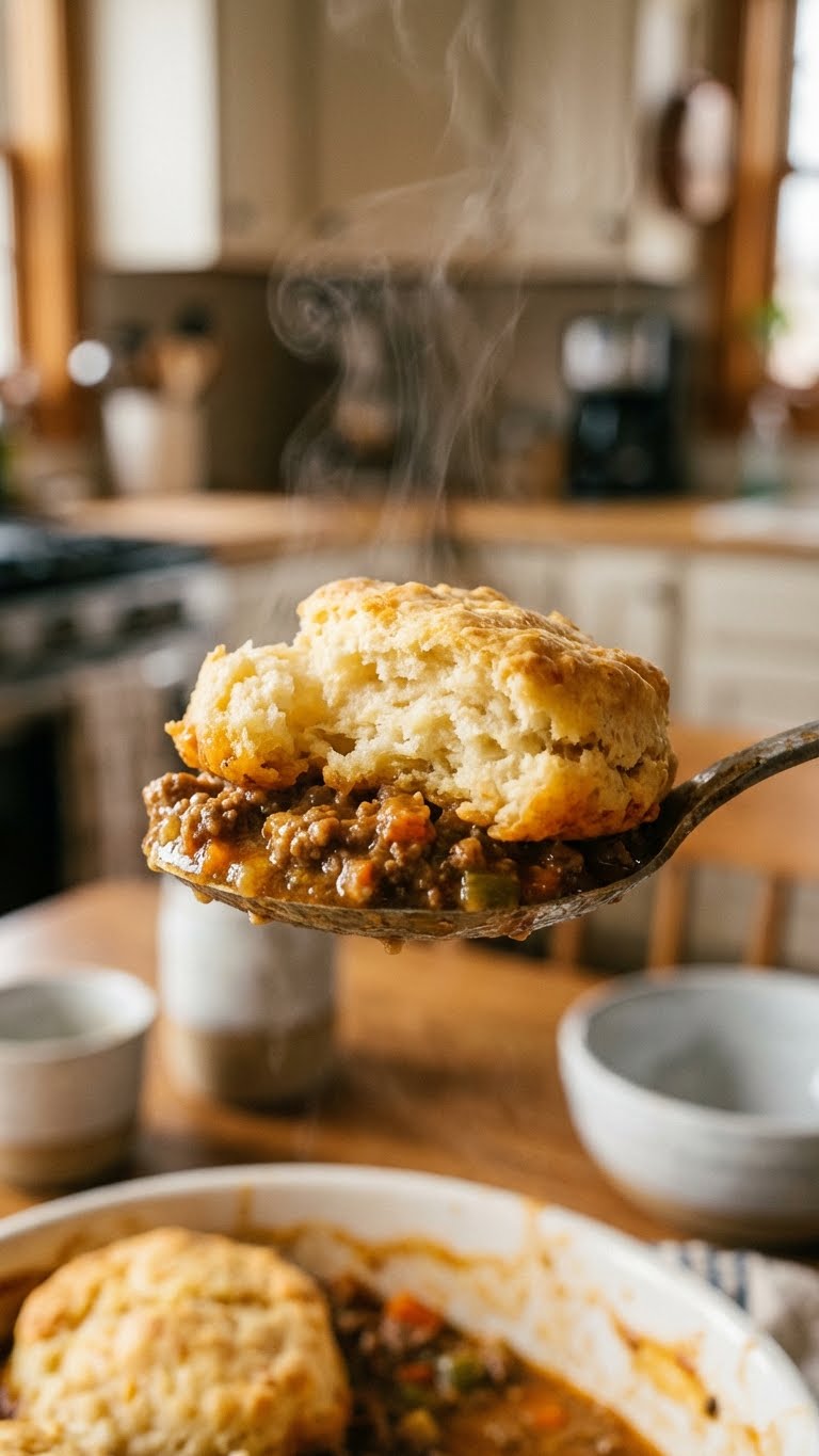 A baked beef cobbler topped with golden brown garlic cheddar biscuits brushed with butter and parsley.