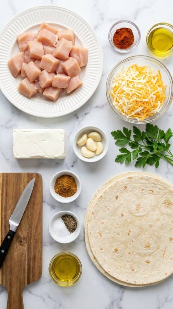 A flat lay showing raw cubed chicken, cream cheese, shredded cheese, garlic, and tortillas on a marble surface.