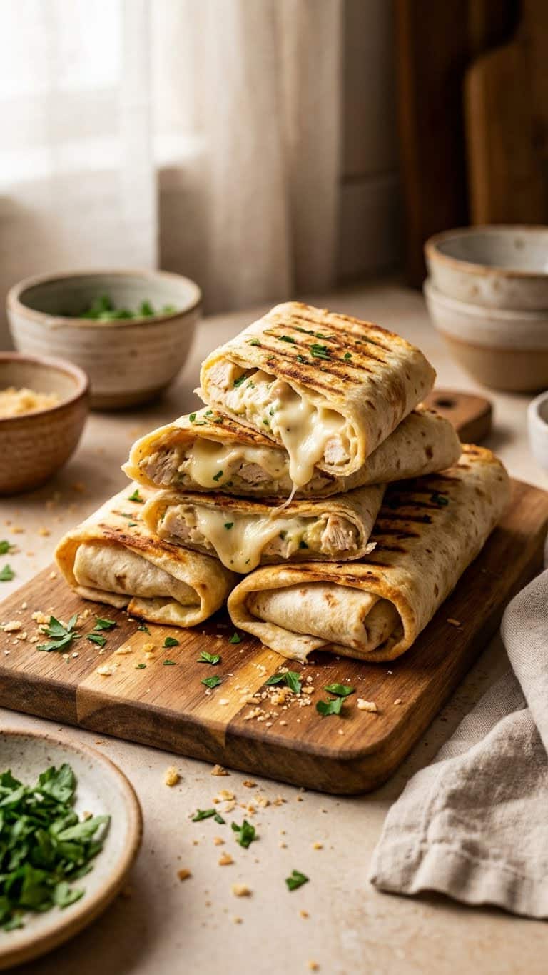 A stack of crispy golden brown chicken wraps cut in half, showing oozing melted cheese and creamy chicken filling.