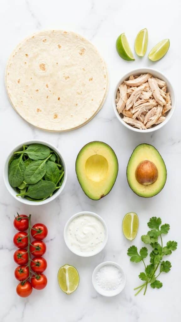 A flat lay showing tortillas, shredded chicken, fresh avocado, spinach, and tomatoes on a marble table.