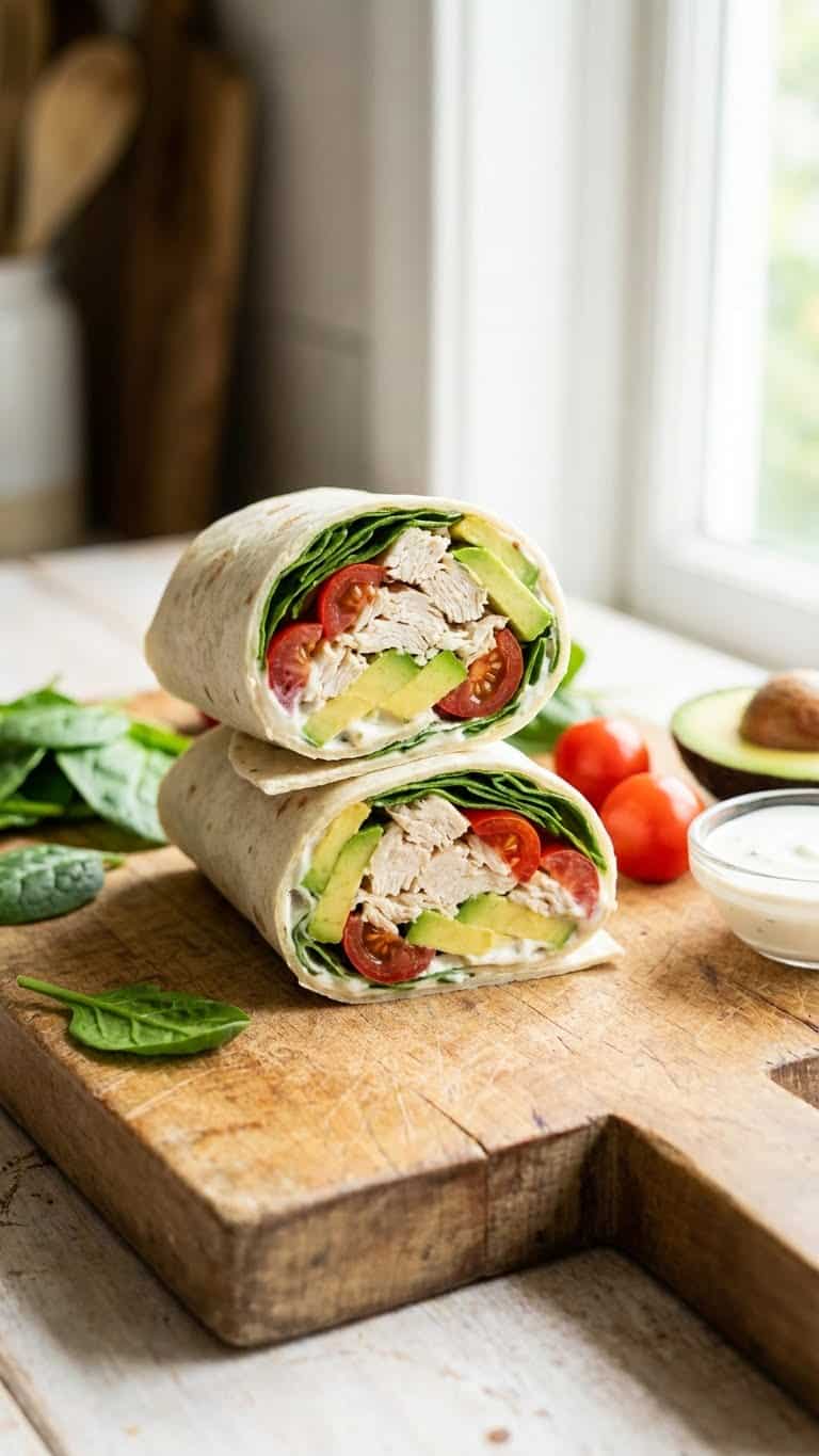 Stacked chicken avocado wraps cut in half on a wooden board, showing layers of chicken, avocado, and vegetables.