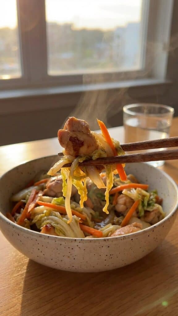A close-up of chopsticks lifting chicken and cabbage stir fry from a bowl.