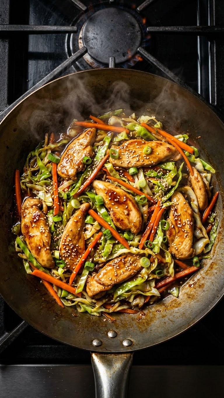 A top-down view inside a wok filled with chicken and cabbage stir fry in a glossy brown sauce.