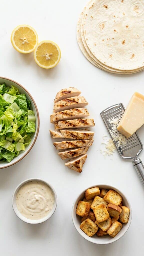 Overhead flat lay view of ingredients for Caesar wraps: grilled chicken, chopped romaine, Caesar dressing, parmesan wedge, croutons, and tortillas.