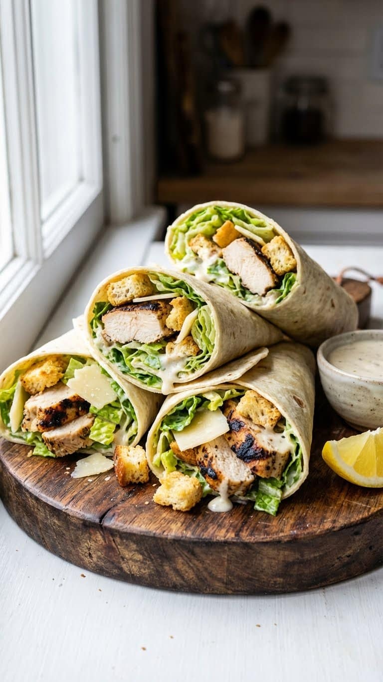 Close-up of grilled chicken Caesar wraps cut in half on a wooden board, showing filling of romaine lettuce, parmesan, croutons, and dressing.