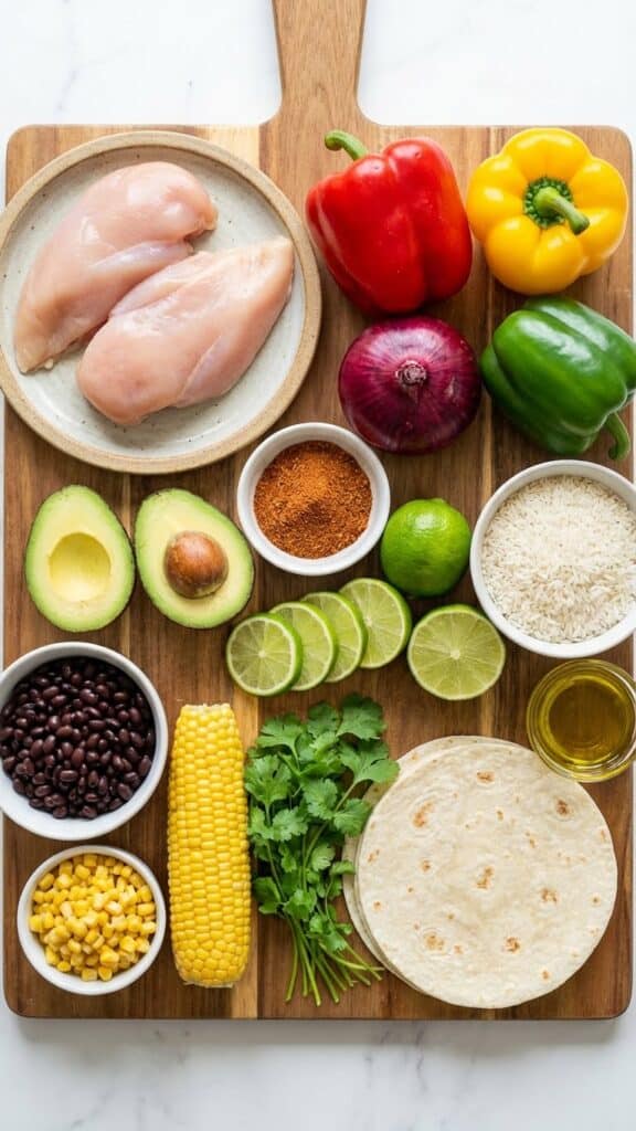 A flat lay showing raw chicken, bell peppers, onions, spices, and avocado on a wooden board.