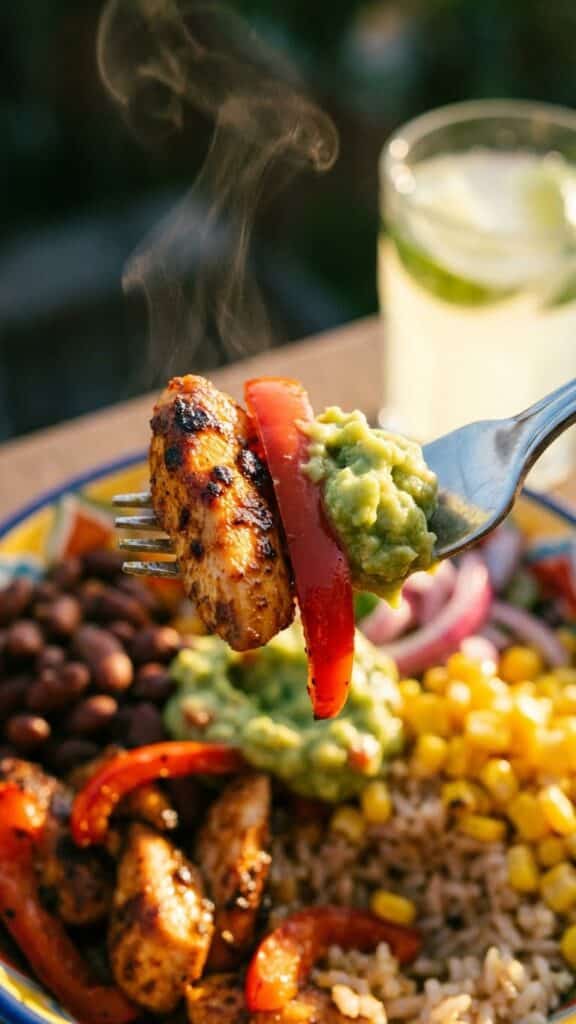 A close-up of a fork lifting a bite of chicken, peppers, and guacamole from a bowl.