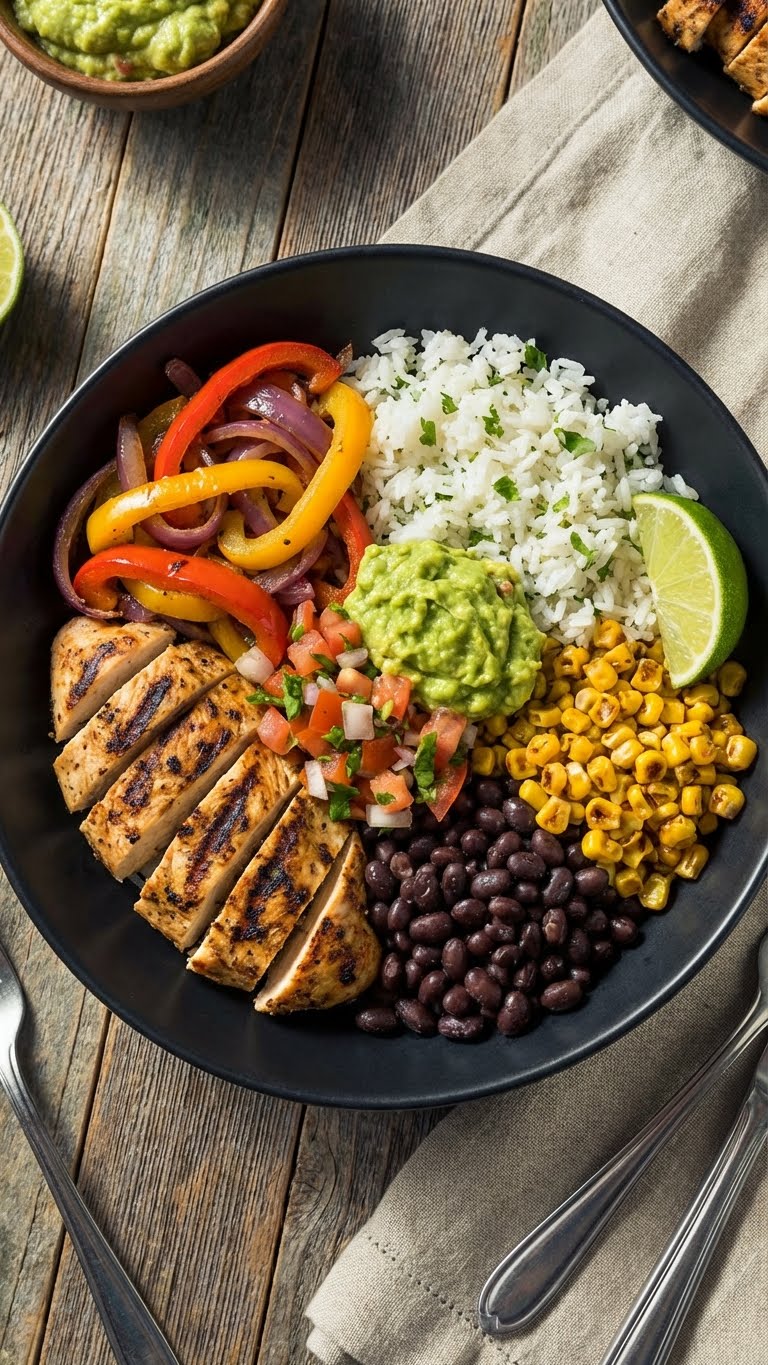 A top-down view of a chicken fajita bowl with rice, beans, peppers, corn, and guacamole.