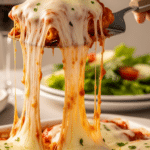 A close-up of a spatula lifting a piece of chicken with a long stringy cheese pull.