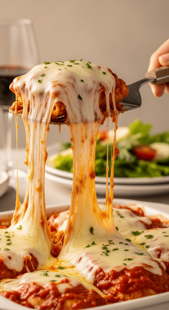 A close-up of a spatula lifting a piece of chicken with a long stringy cheese pull.