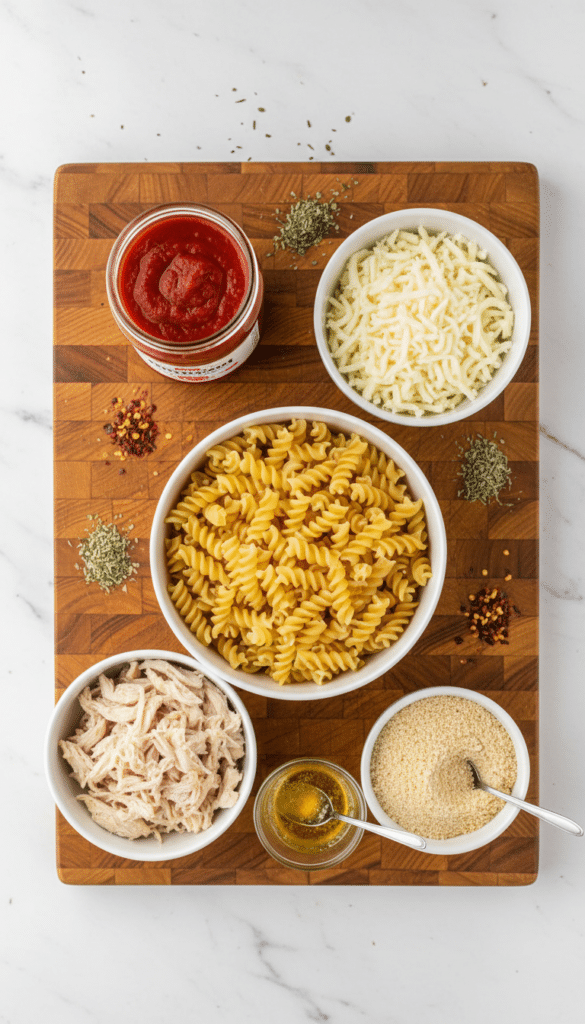 A flat lay showing rotini pasta, shredded chicken, marinara sauce, cheese, and breadcrumbs on a wooden board.