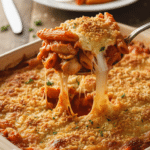 A close-up of a spoon lifting a scoop of cheesy chicken pasta casserole with a crispy topping.