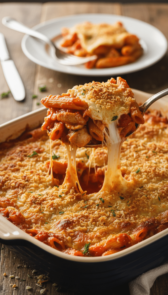 A close-up of a spoon lifting a scoop of cheesy chicken pasta casserole with a crispy topping.