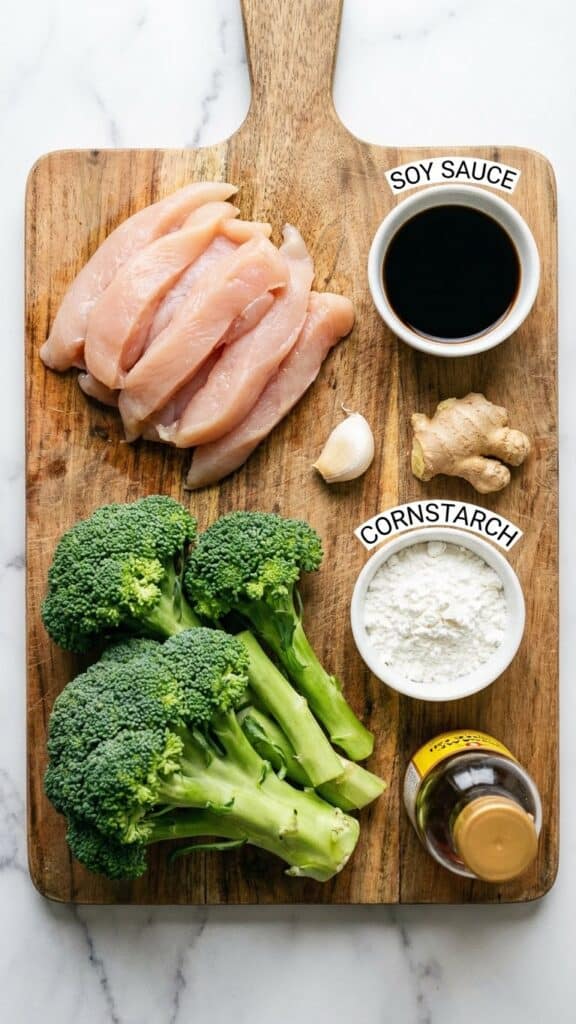 A flat lay showing raw chicken strips, fresh broccoli florets, soy sauce, garlic, and ginger on a wooden board.