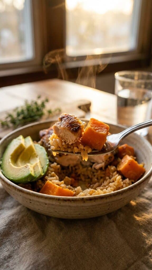 A close-up of a fork lifting a bite of chicken, sweet potato, and rice from a bowl with avocado.