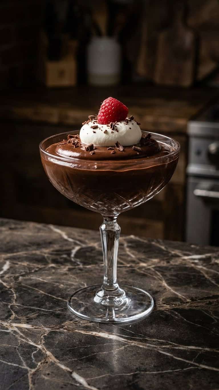 A crystal glass filled with smooth dark chocolate mousse, garnished with a raspberry and chocolate shavings.