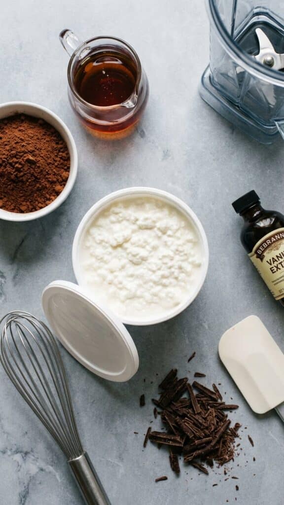 A flat lay showing a tub of cottage cheese, cocoa powder, maple syrup, and vanilla extract.