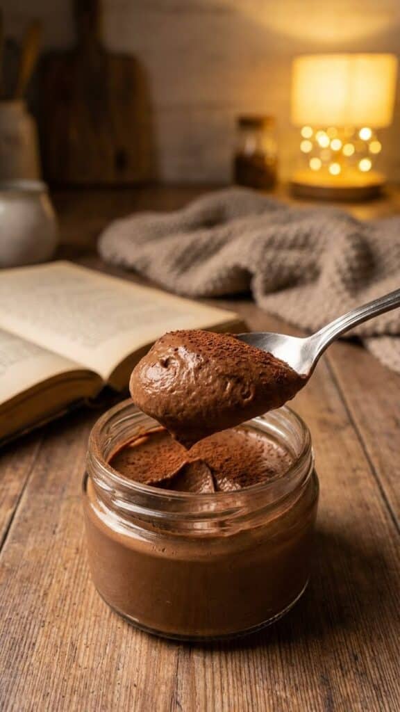 A close-up of a spoon lifting a thick bite of chocolate mousse from a jar.