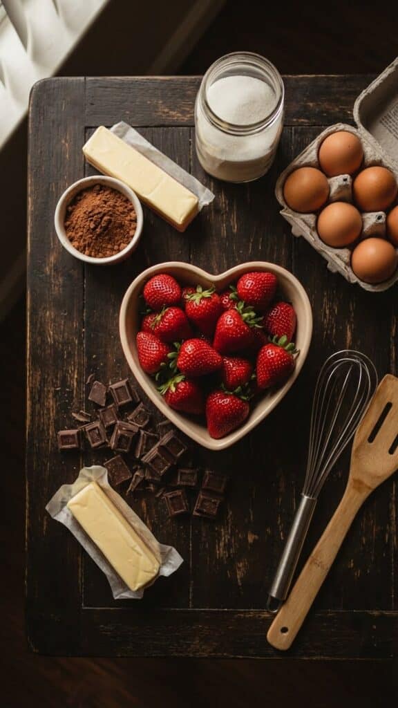 A close-up of a single brownie square showing a layer of brownie, a fresh strawberry, and a chocolate topping.