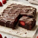An overhead flat lay of baking ingredients including a heart-shaped bowl of strawberries, chocolate chunks, cocoa powder, and eggs.