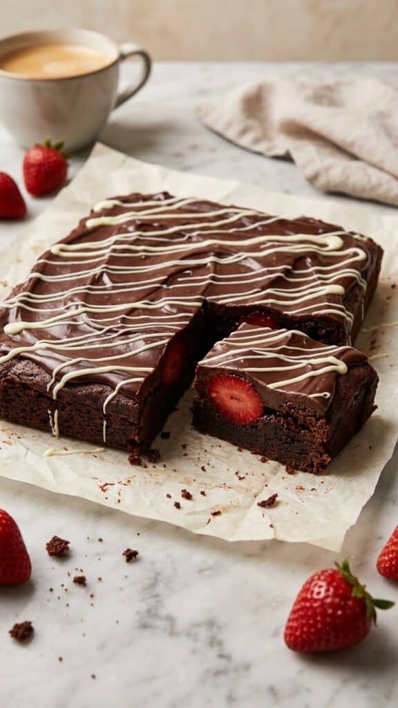 An overhead flat lay of baking ingredients including a heart-shaped bowl of strawberries, chocolate chunks, cocoa powder, and eggs.