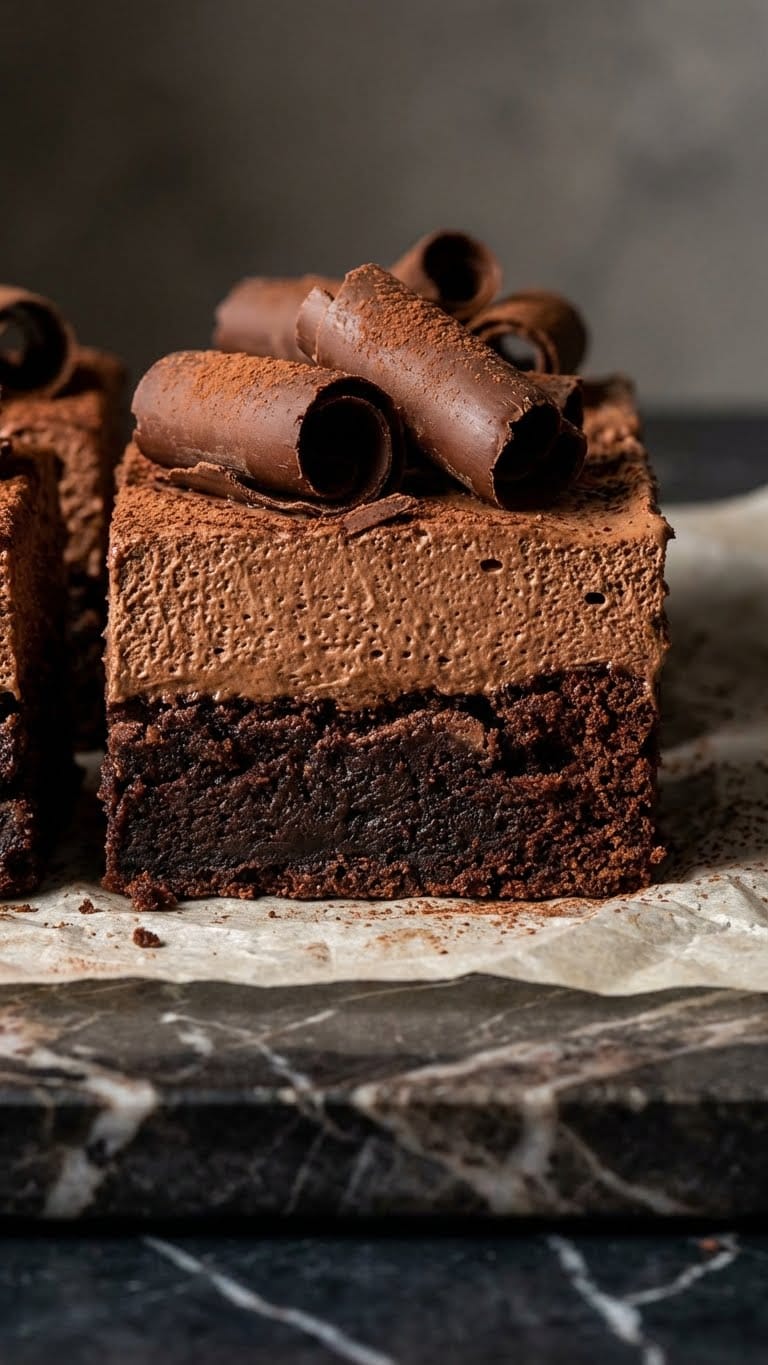 A close-up side view of chocolate mousse brownies showing a dense brownie bottom layer and a thick fluffy mousse top layer.