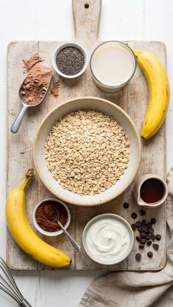 A flat lay showing rolled oats, chocolate protein powder, chia seeds, milk, and a banana on a wooden board.