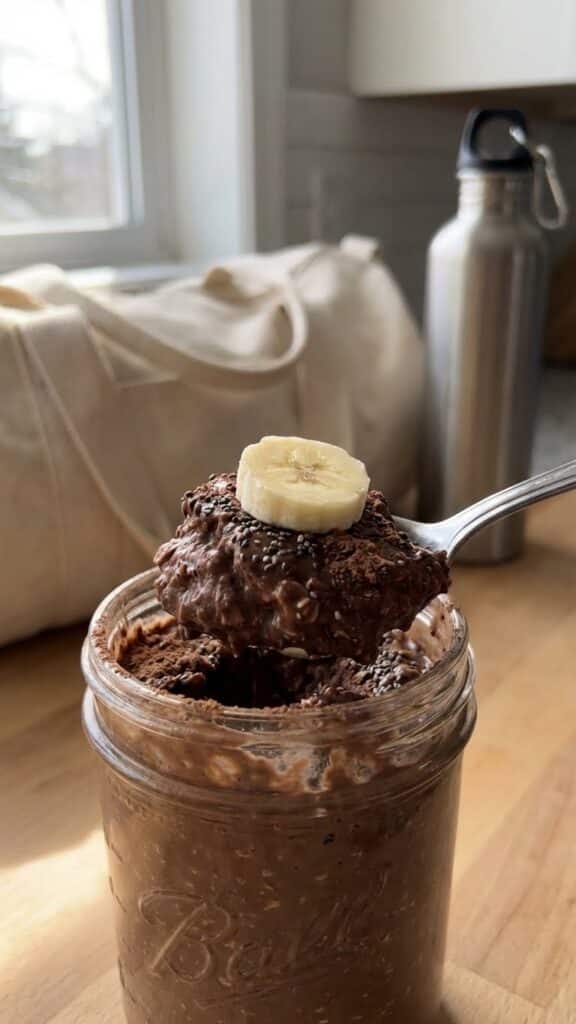 A close-up of a spoon lifting thick chocolate oats and banana from a jar.