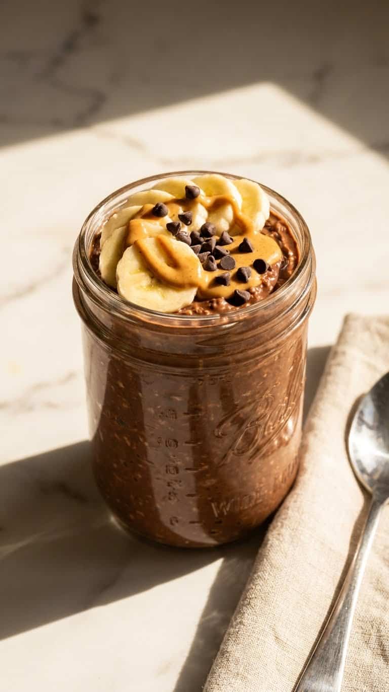 A mason jar filled with chocolate overnight oats topped with banana slices, peanut butter, and chocolate chips.