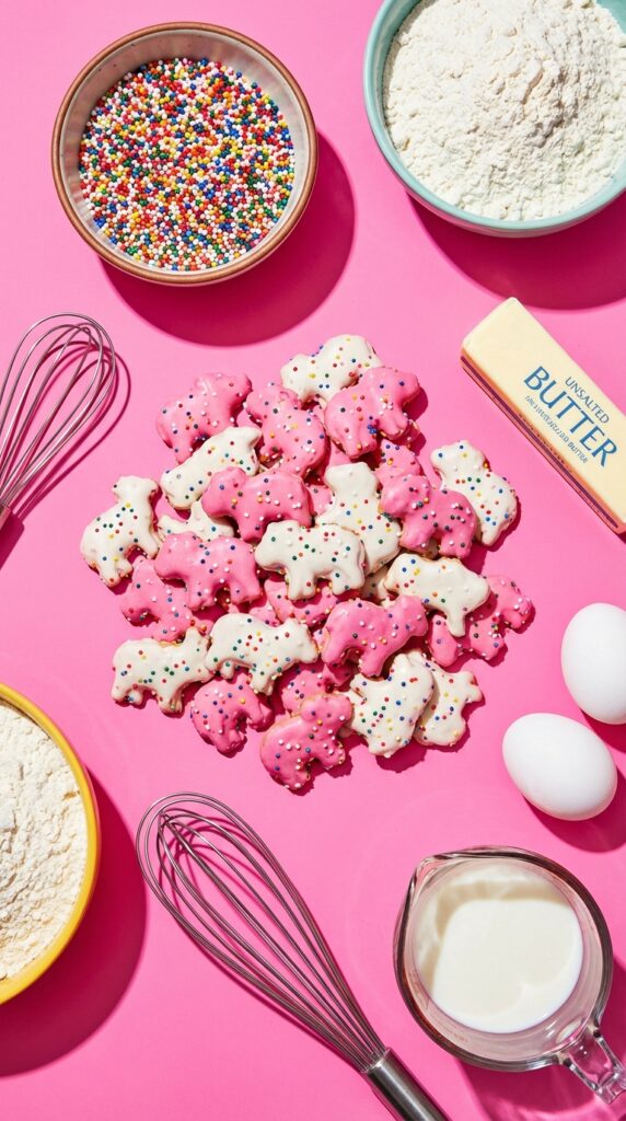 A flat lay showing circus animal cookies, rainbow sprinkles, flour, butter, and eggs on a pink background.