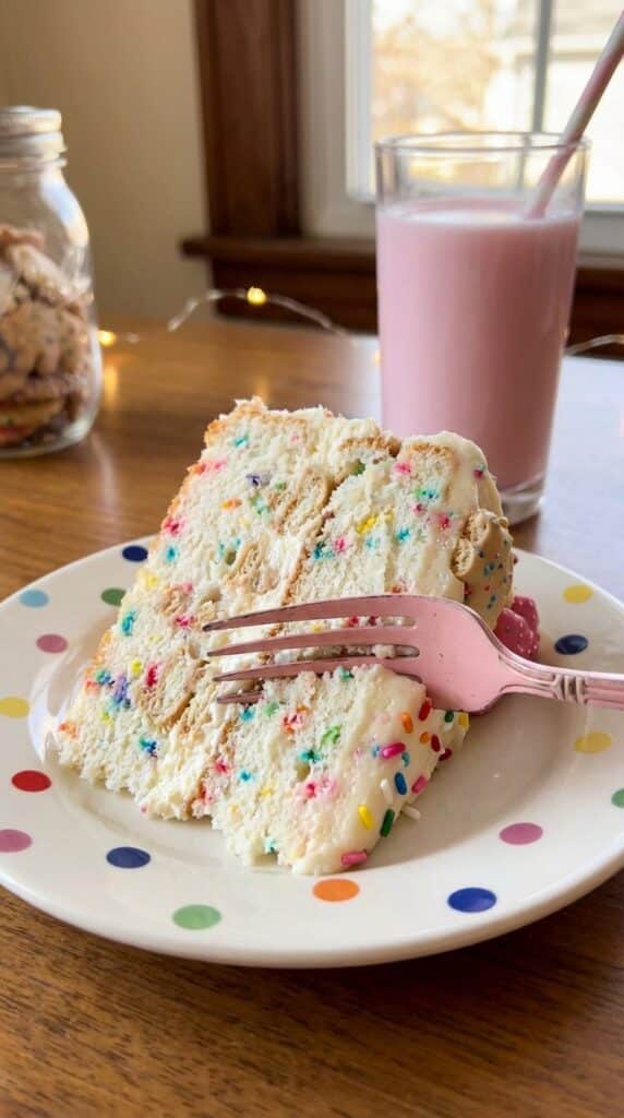A close-up of a slice of cake showing rainbow sprinkles inside the white cake layers, with a fork taking a bite.