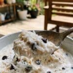 A close-up of a spoon lifting a bite of coconut ice cream with chocolate chips, showing a creamy texture.