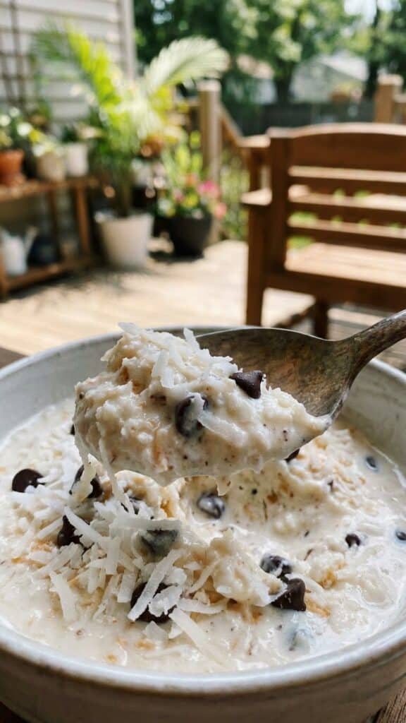 A close-up of a spoon lifting a bite of coconut ice cream with chocolate chips, showing a creamy texture.