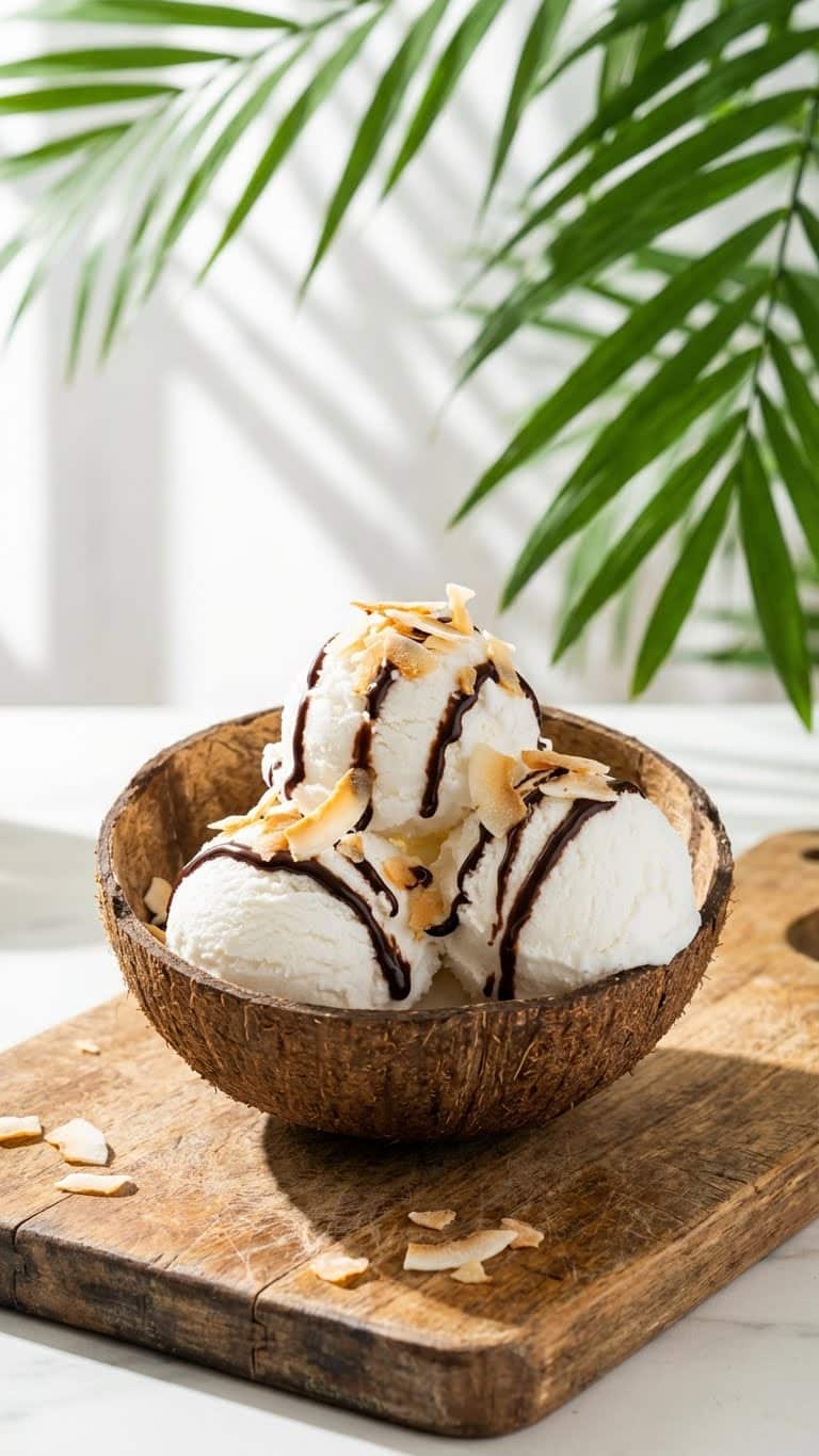 Scoops of white coconut ice cream served in a coconut shell topped with toasted flakes and chocolate.
