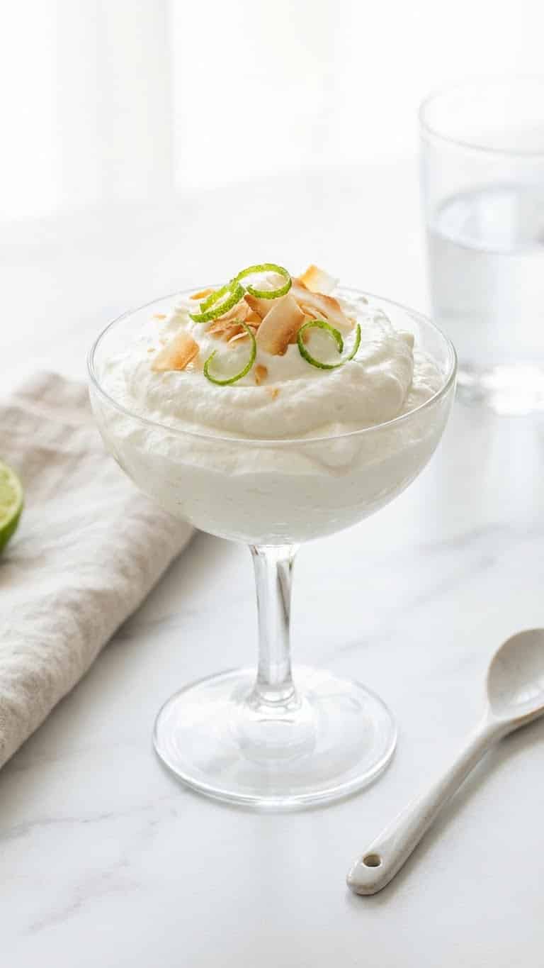 A glass cup filled with smooth white coconut mousse topped with toasted coconut and lime zest.