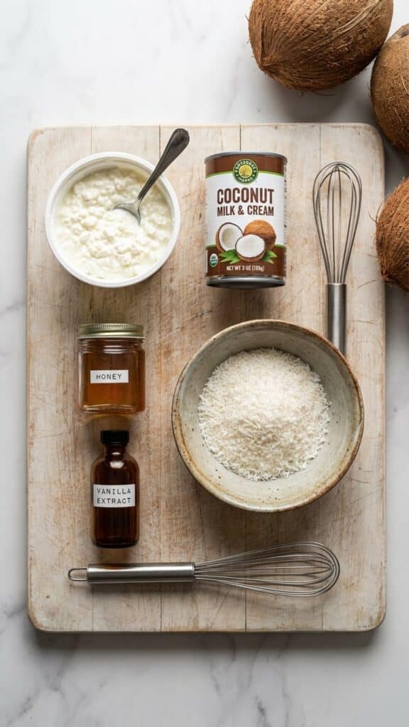 A flat lay showing a tub of cottage cheese, coconut cream, sweetener, and shredded coconut on a wooden board.