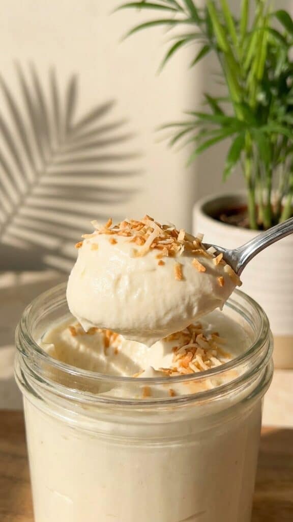 A close-up of a spoon lifting a bite of smooth coconut mousse, showing the thick creamy texture.