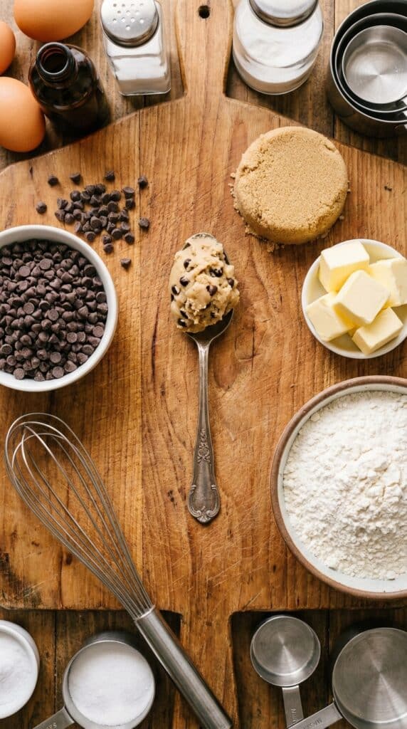A flat lay showing brown sugar, chocolate chips, butter, and flour on a wooden board.