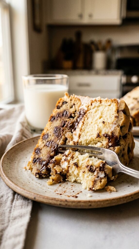 A close-up of a slice of cookie dough cake with a fork cutting through the dough layer.